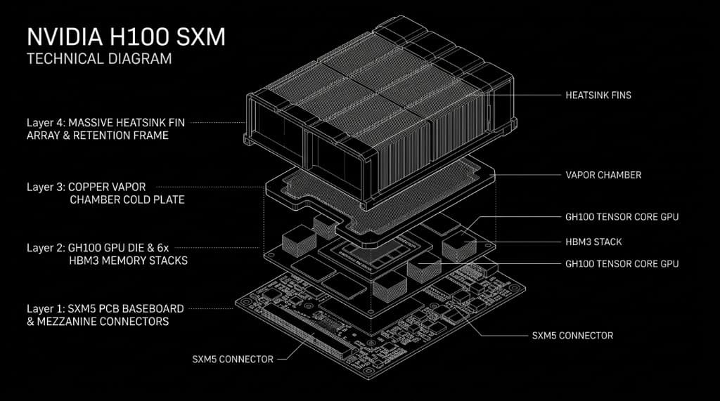 NVIDIA H100 SXM Technical Diagram - Exploded Isometric View